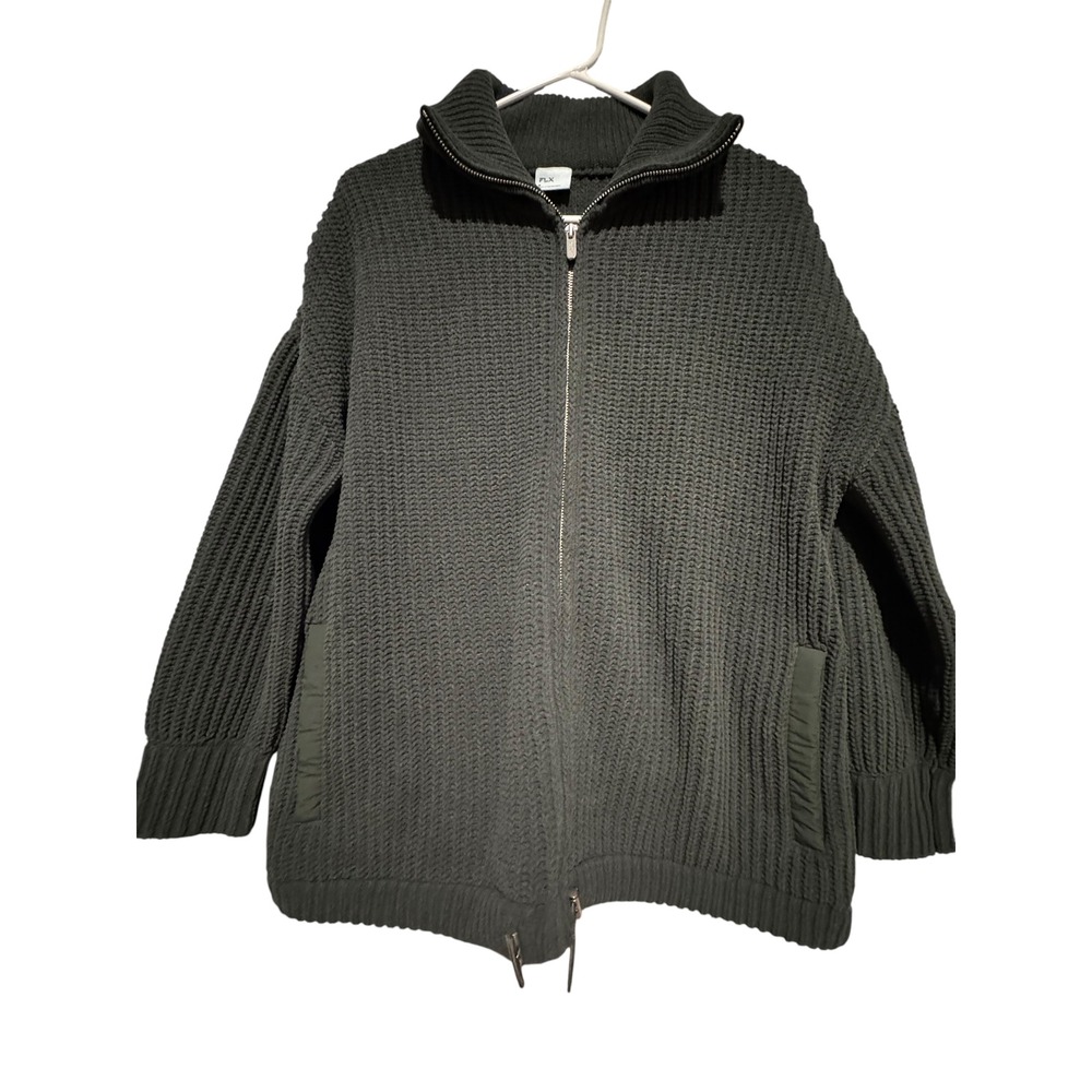 FLX Kohl's Women S Full Zip Waffle Knit Cardigan Sweater Dark Olive Green Gray